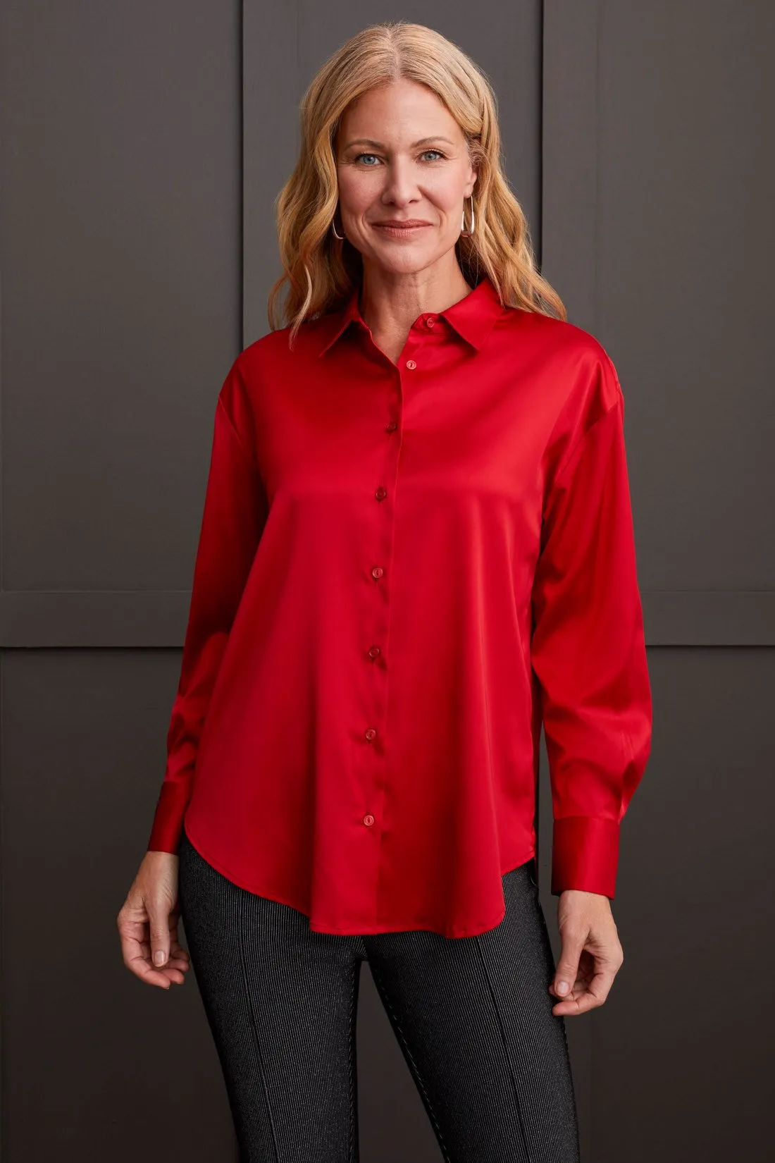 FLOWY SATIN BUTTON-UP SHIRT-Scarlet