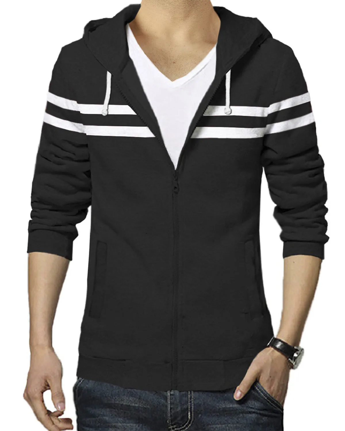 Full Sleeve Black White Striped Men Jacket