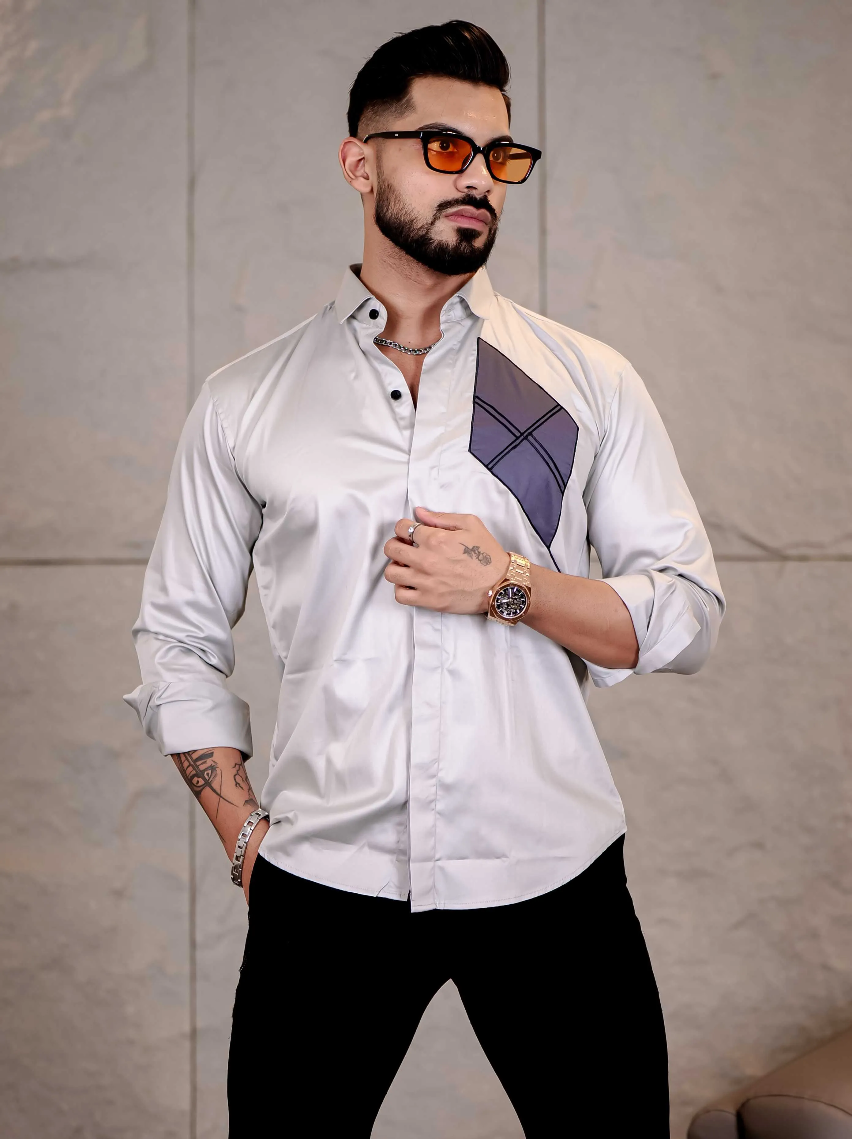 Grey Cut n Sew Premium Cotton Shirt For Men