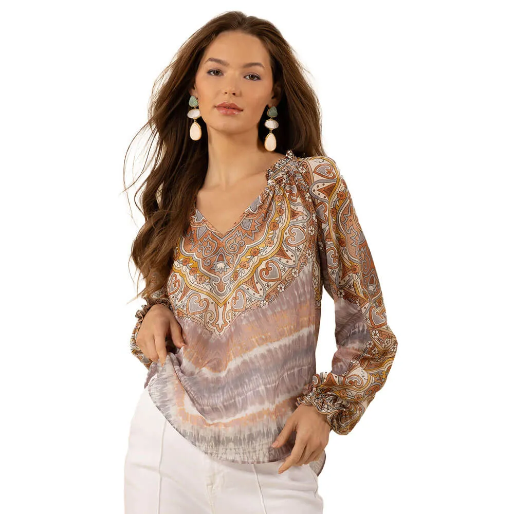 Hale Bob Sadie Long Sleeve V-Neck Top - Beige