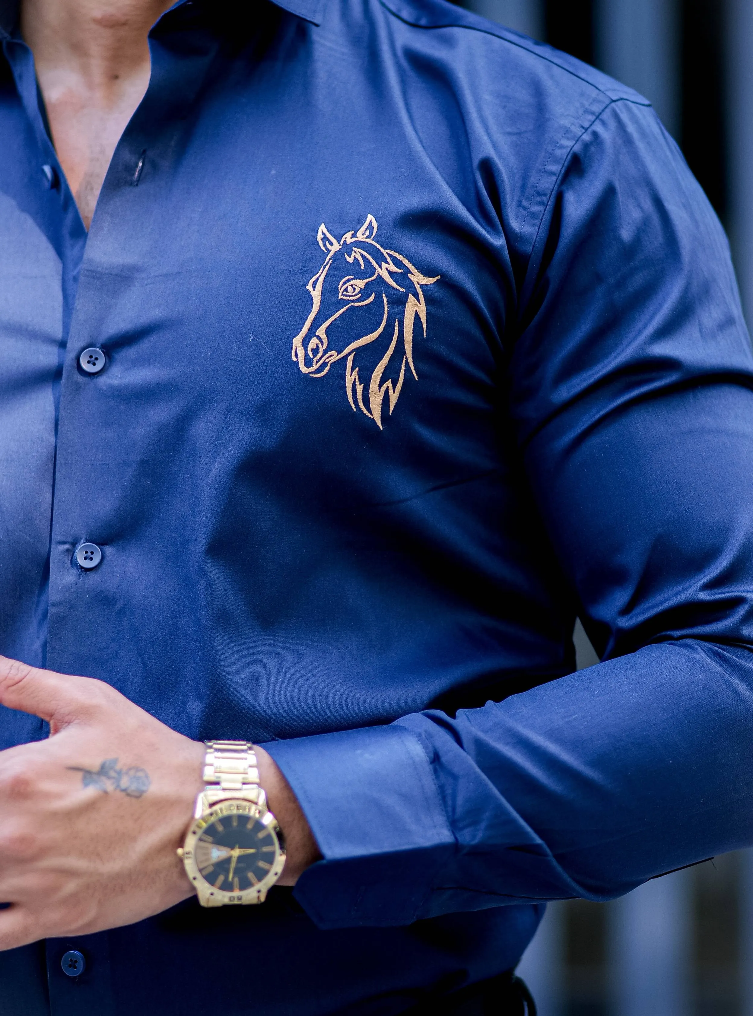 Horse Embroidered Navy Blue Premium Cotton Shirt