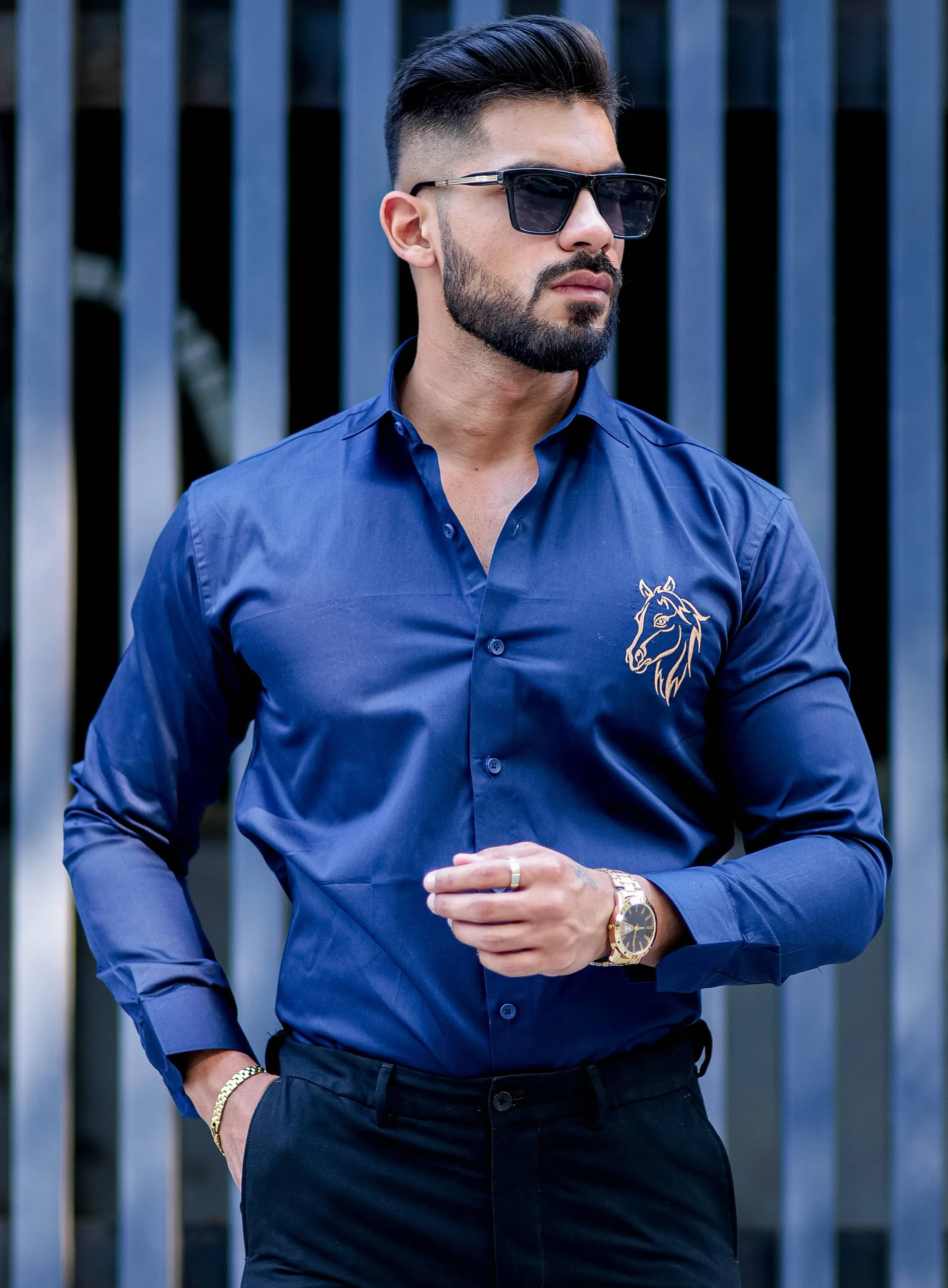 Horse Embroidered Navy Blue Premium Cotton Shirt