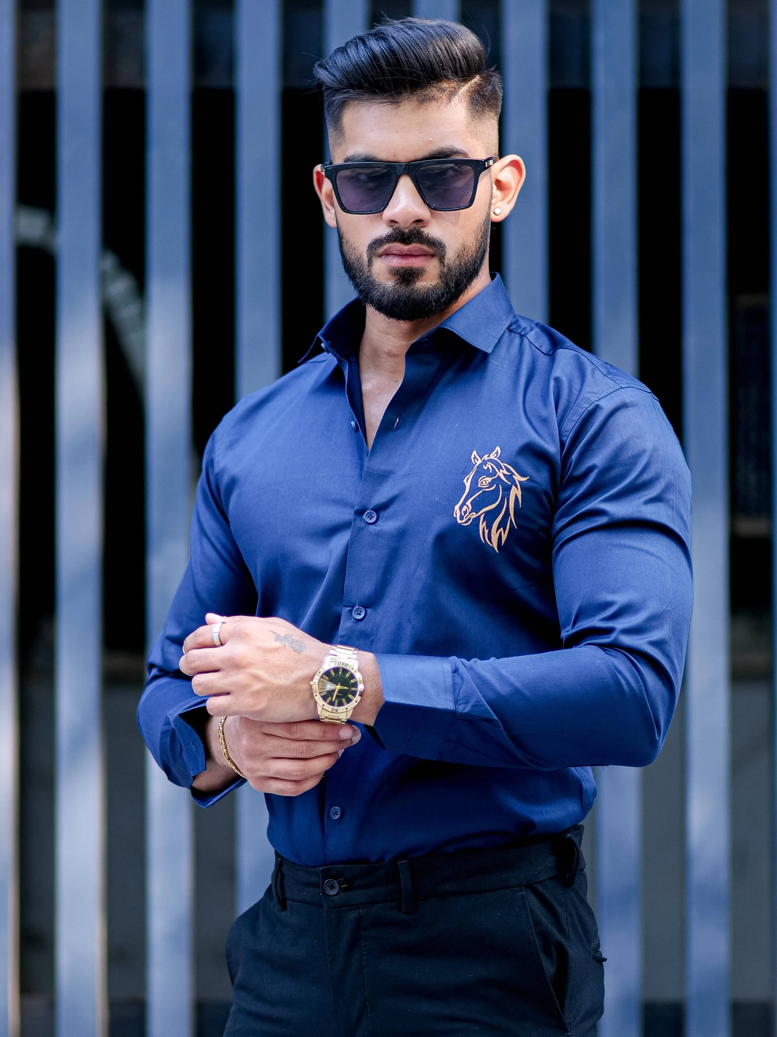 Horse Embroidered Navy Blue Premium Cotton Shirt