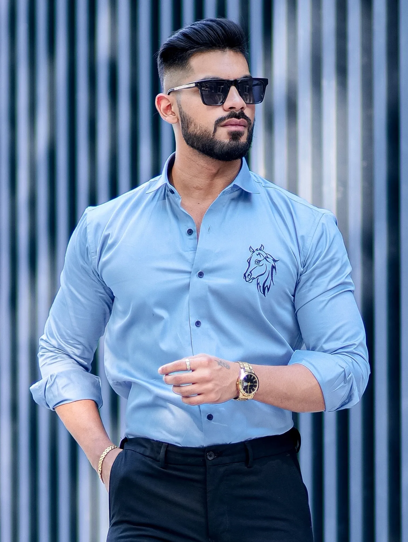 Horse Embroidered Sky Premium Cotton Shirt