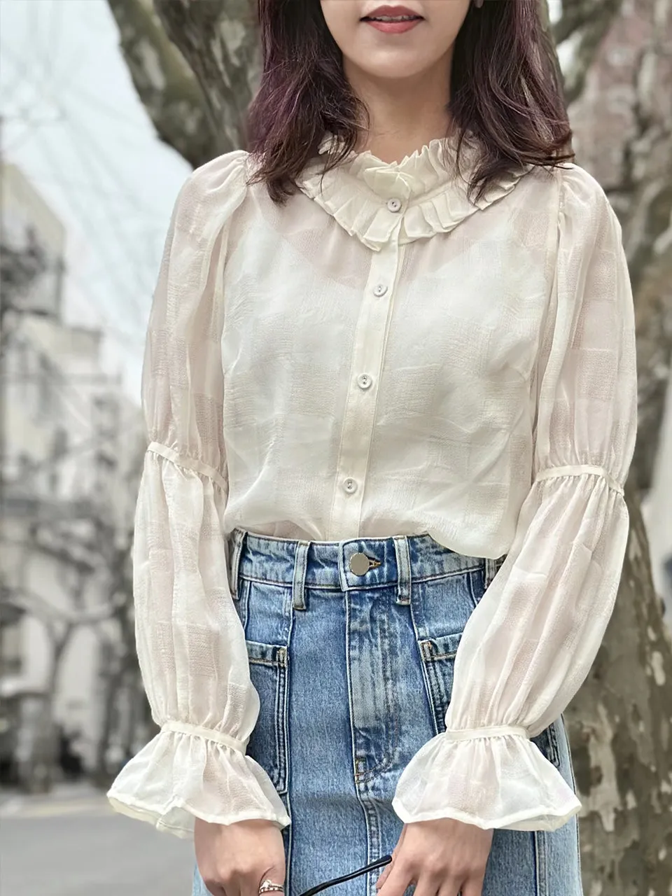 Ivory Check Pleated Collar Tiers Sleeve Silky Blouse