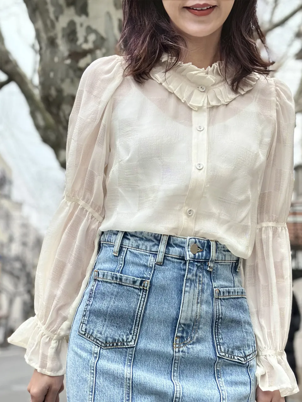 Ivory Check Pleated Collar Tiers Sleeve Silky Blouse