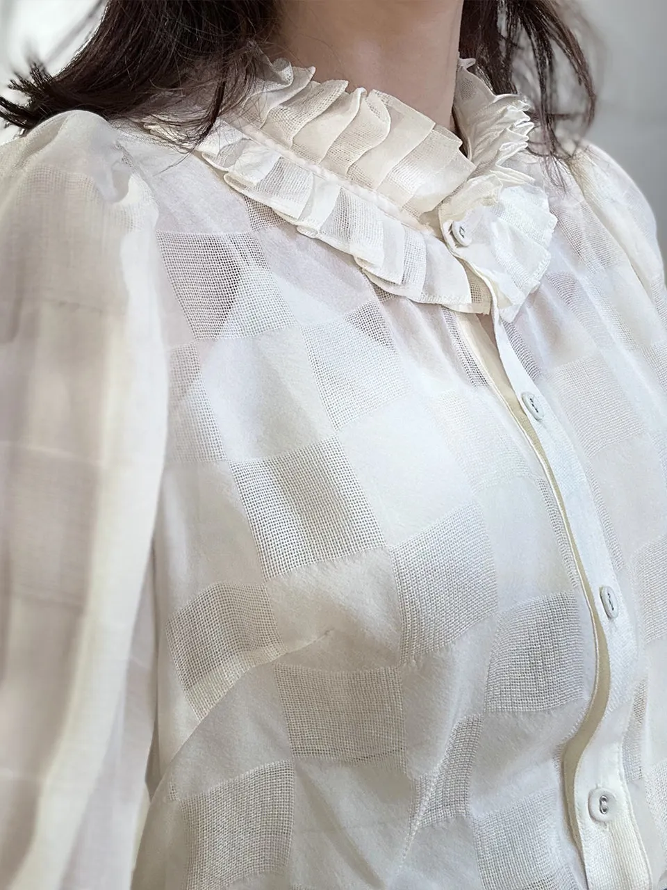 Ivory Check Pleated Collar Tiers Sleeve Silky Blouse