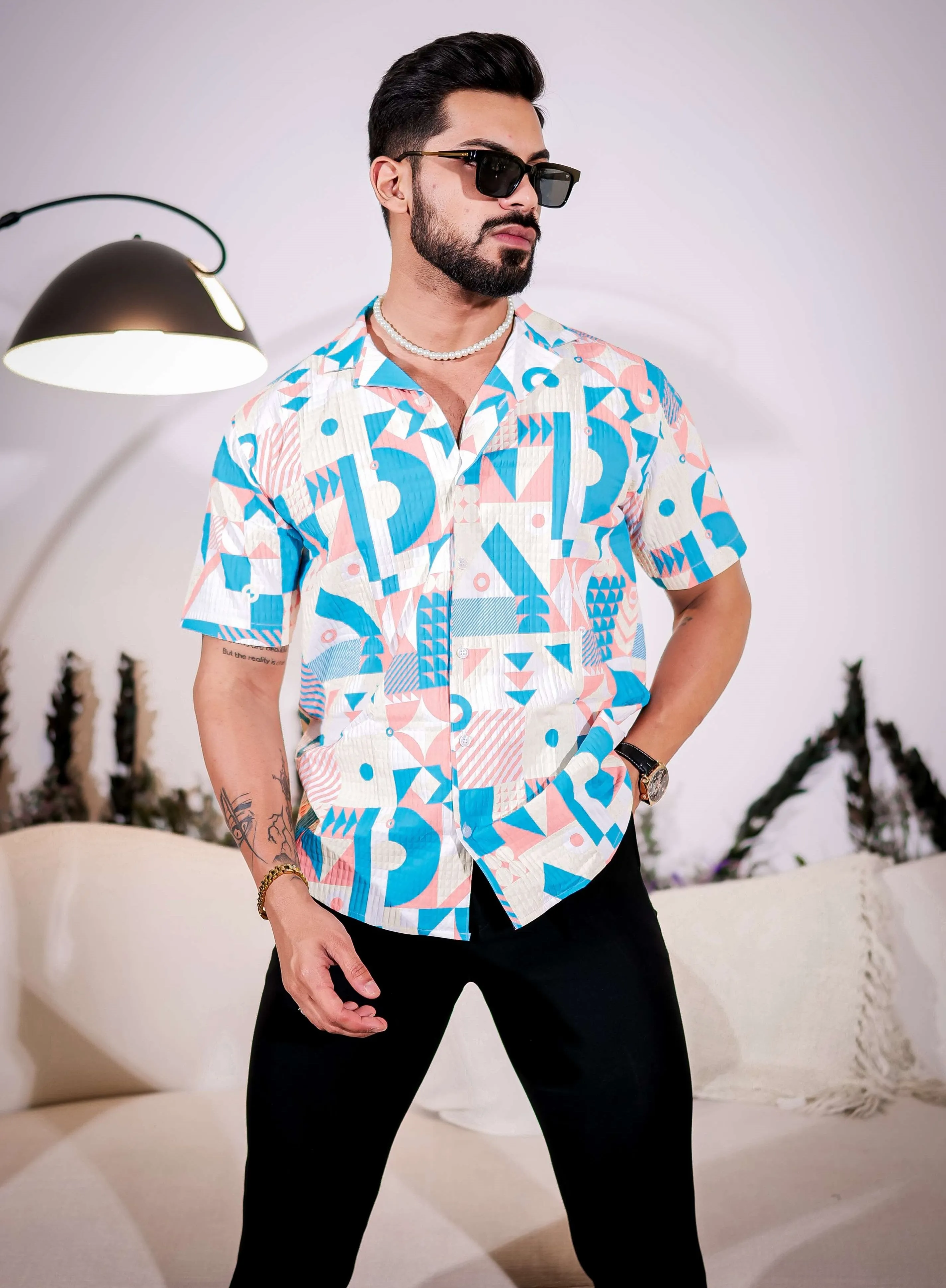 Jeans Blue Multicolor Half Sleeve Imported Premium Shirt for Men's