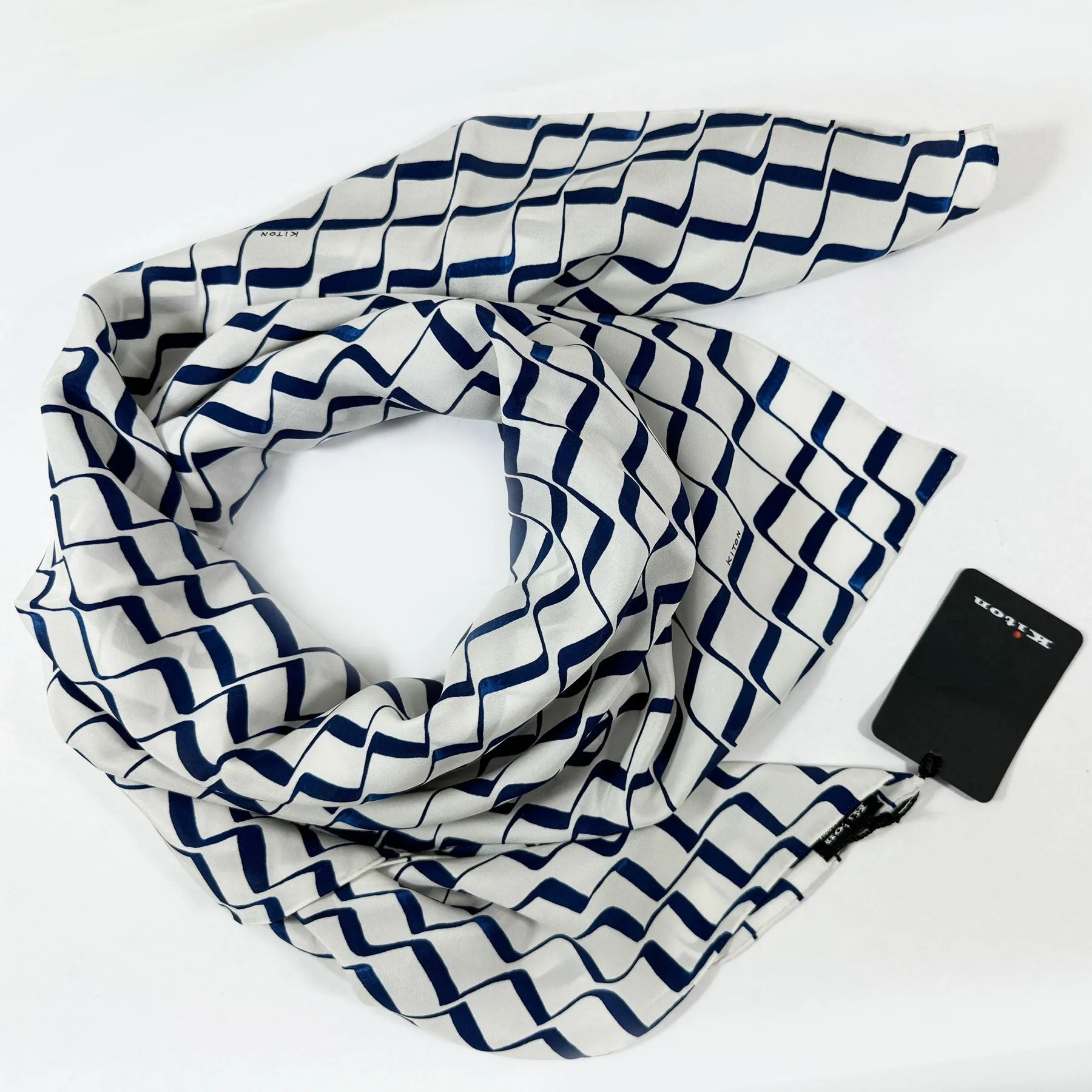 Kiton Women Scarf White Navy - Twill Silk Square Foulard