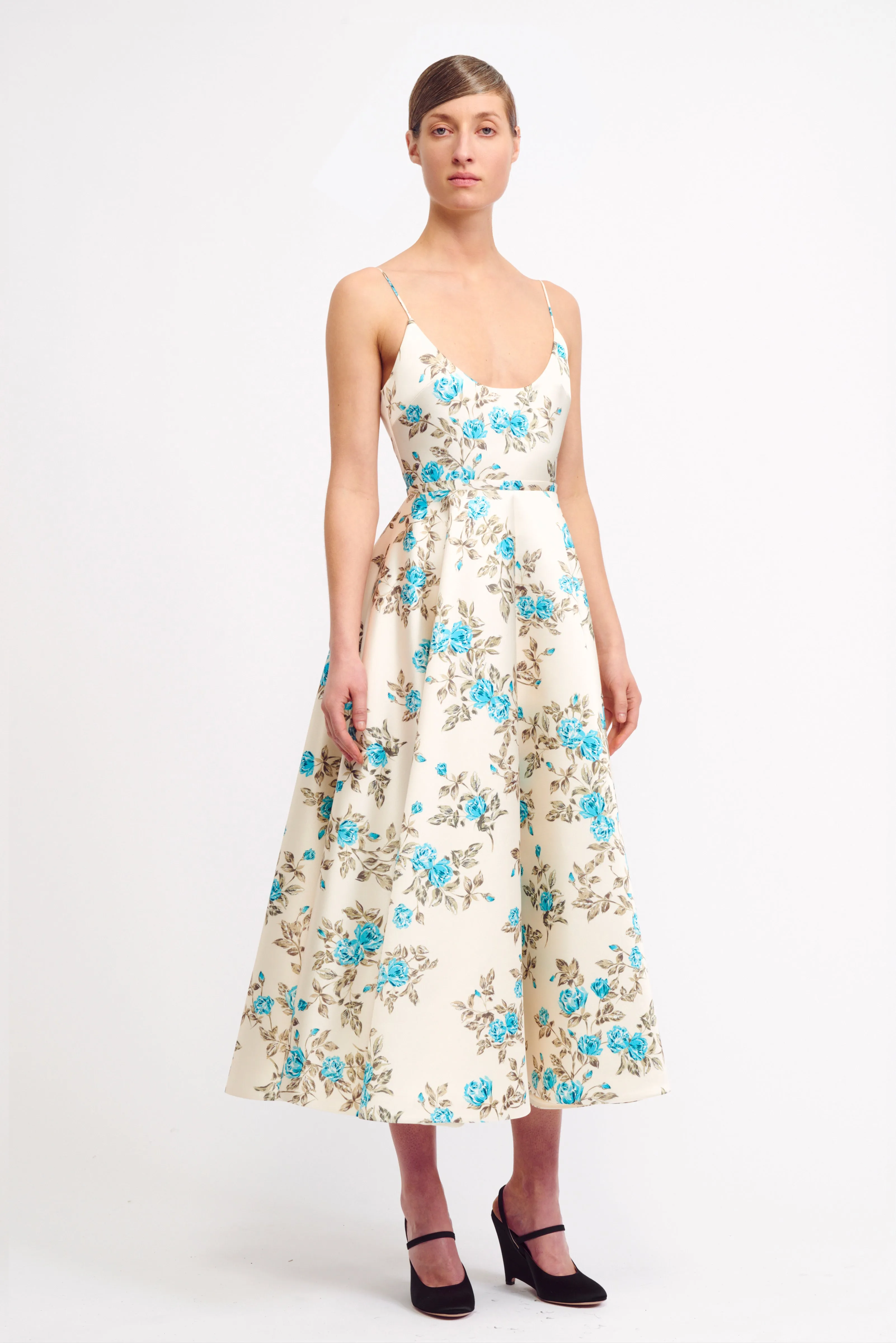 Lanai Dress in Turquoise Floral Printed Italian Duchess Satin