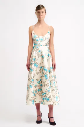 Lanai Dress in Turquoise Floral Printed Italian Duchess Satin