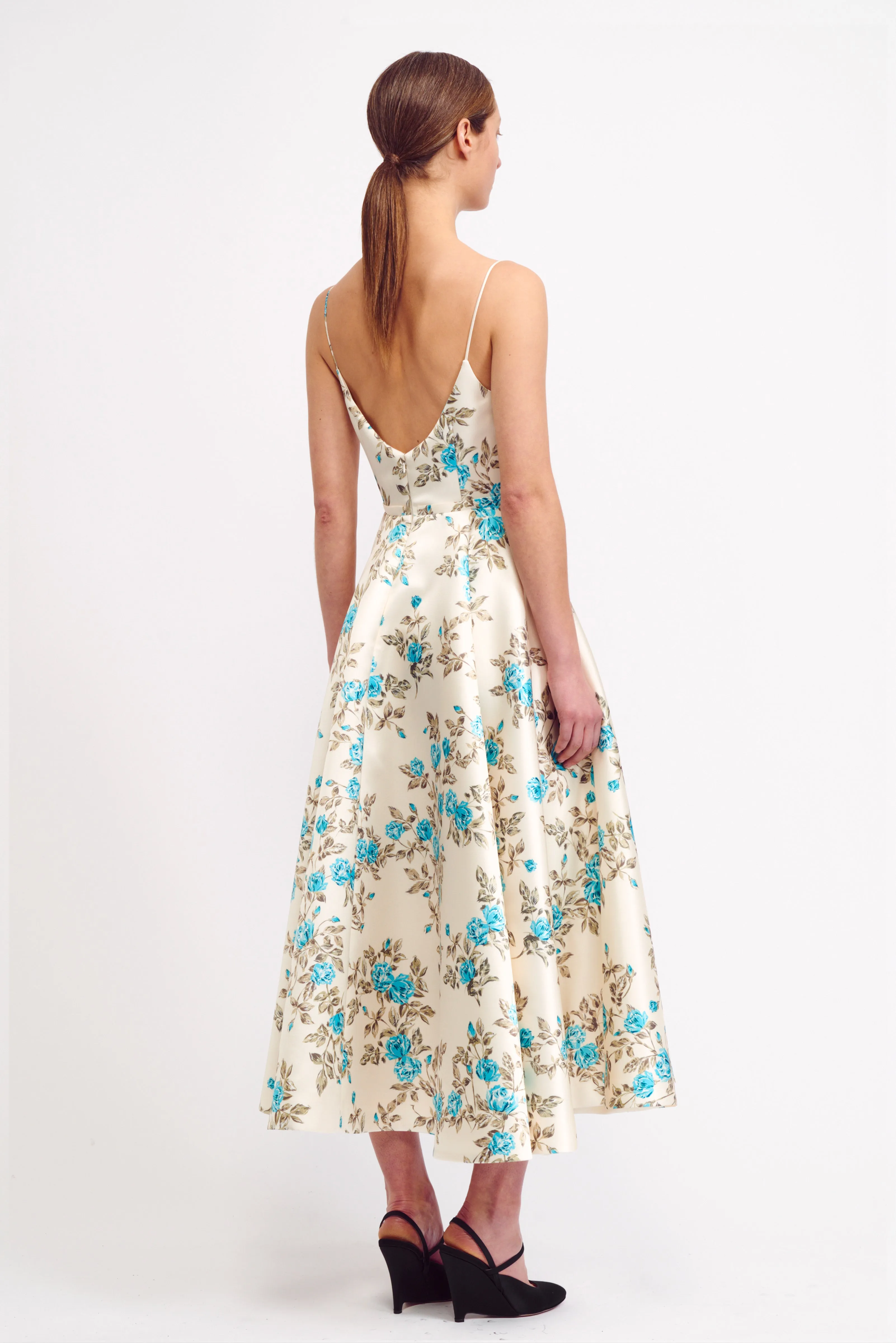 Lanai Dress in Turquoise Floral Printed Italian Duchess Satin