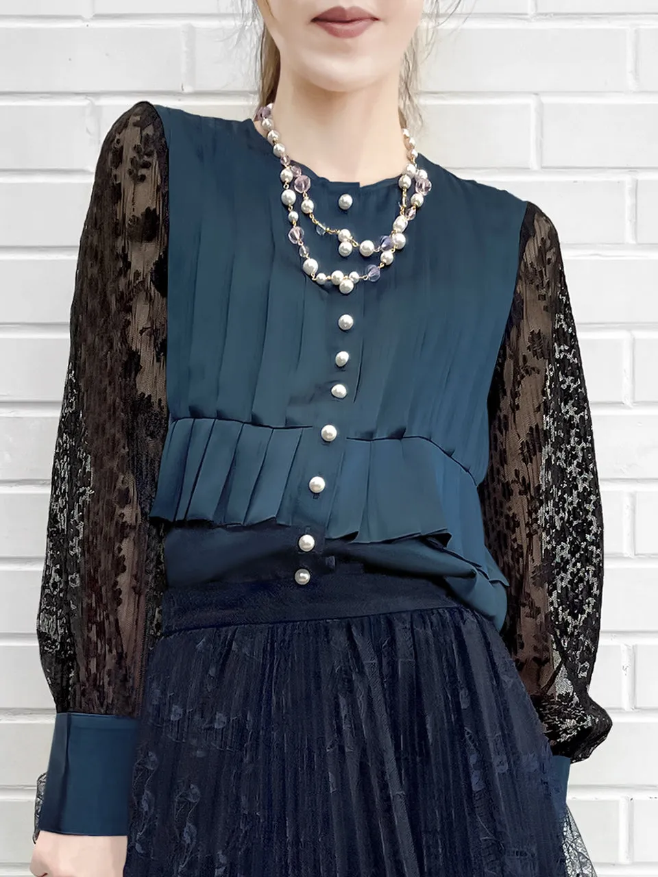 Last Chance! Dark Teal Pleated Detail Lace Sleeve Silk Blouse