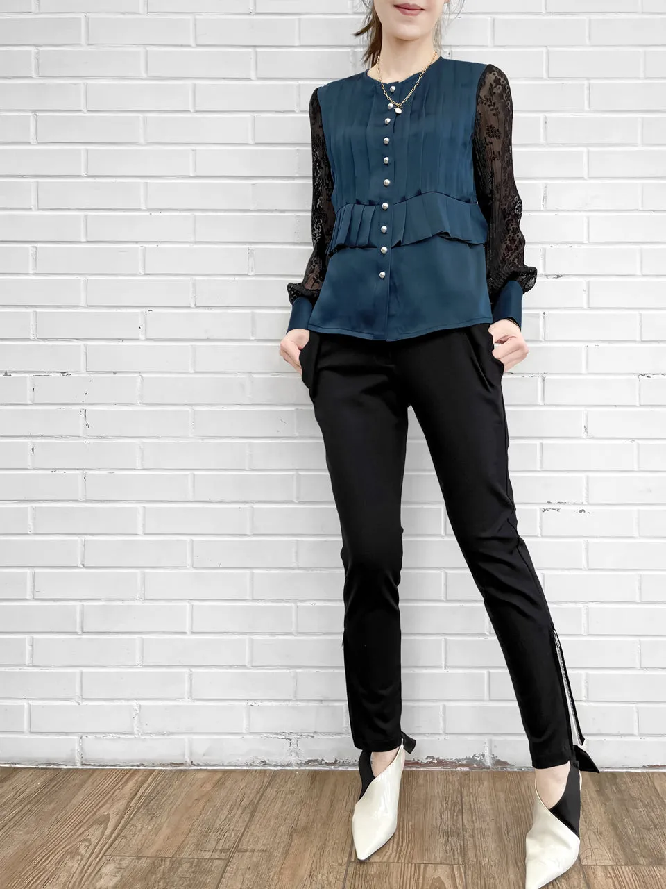 Last Chance! Dark Teal Pleated Detail Lace Sleeve Silk Blouse