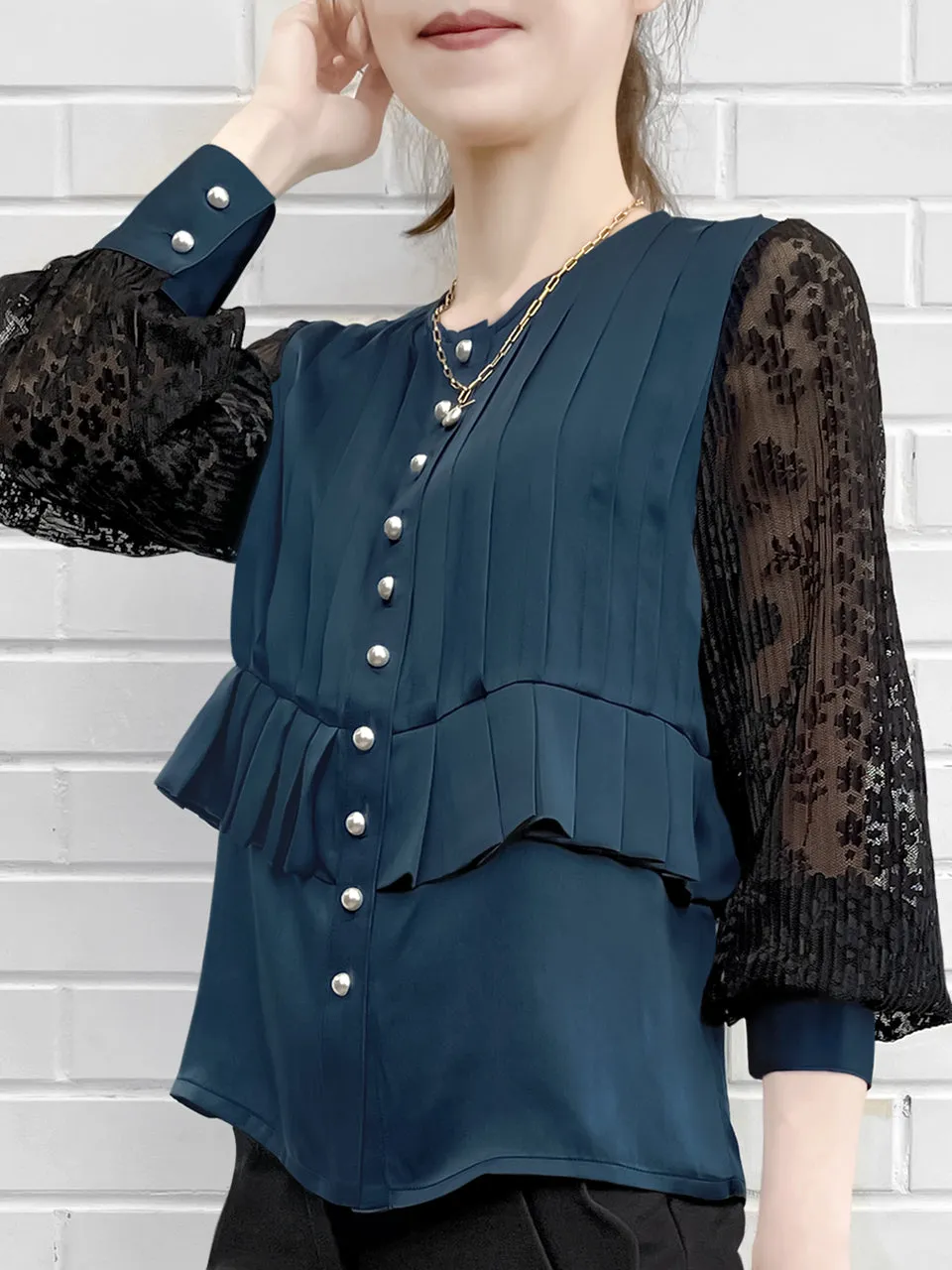 Last Chance! Dark Teal Pleated Detail Lace Sleeve Silk Blouse