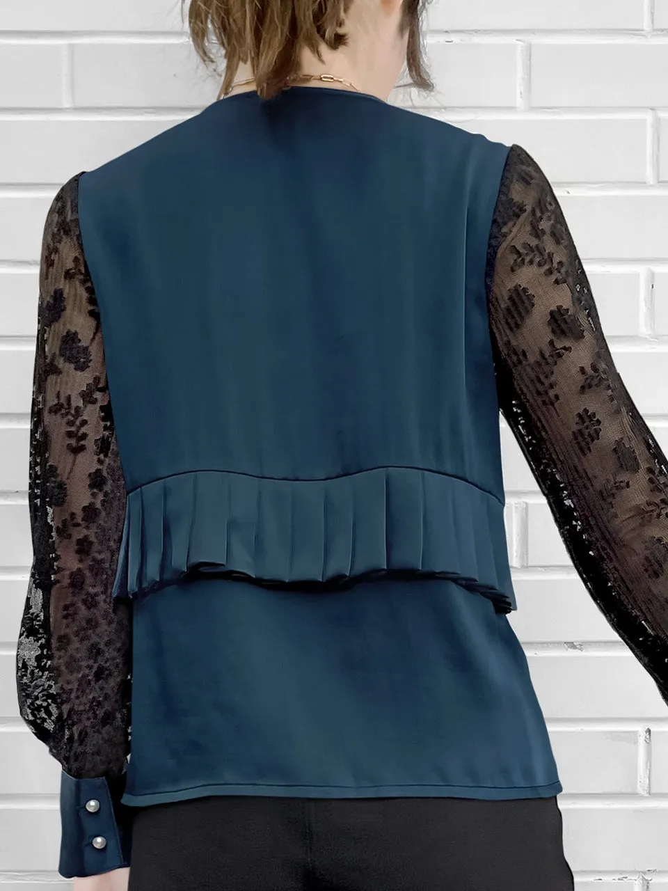 Last Chance! Dark Teal Pleated Detail Lace Sleeve Silk Blouse