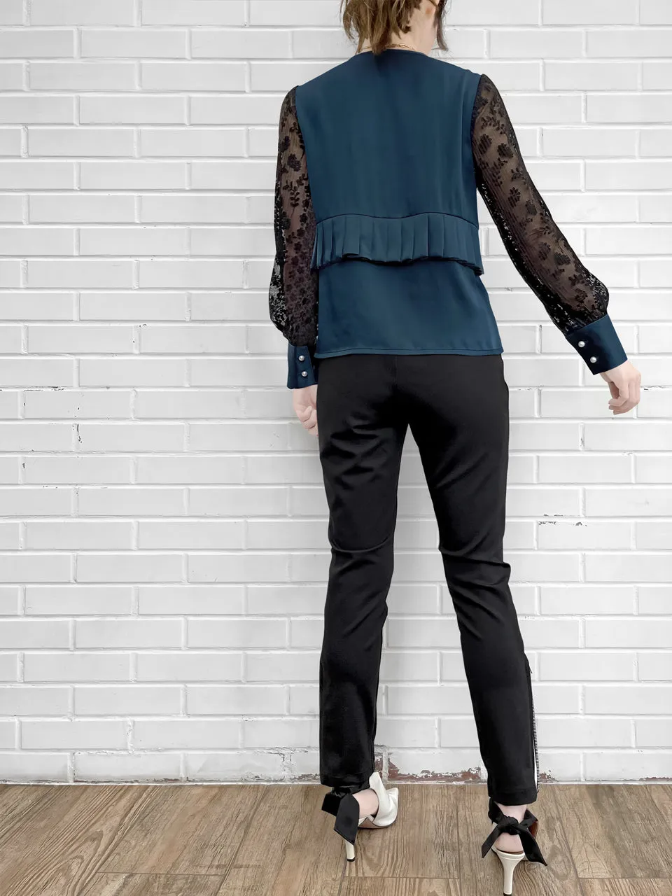 Last Chance! Dark Teal Pleated Detail Lace Sleeve Silk Blouse