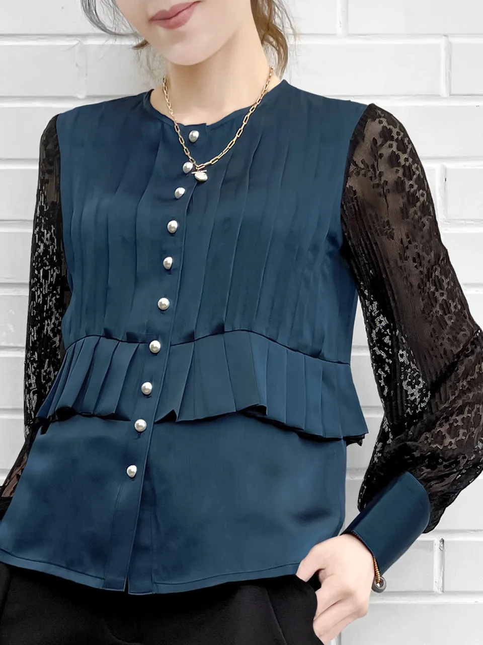 Last Chance! Dark Teal Pleated Detail Lace Sleeve Silk Blouse