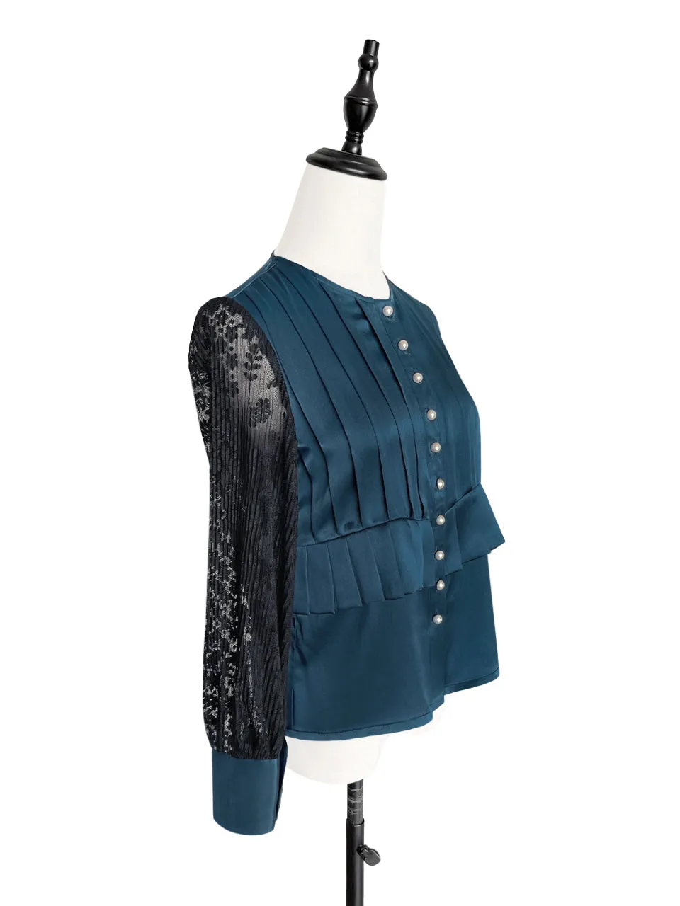 Last Chance! Dark Teal Pleated Detail Lace Sleeve Silk Blouse