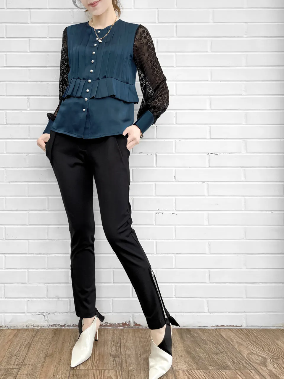 Last Chance! Dark Teal Pleated Detail Lace Sleeve Silk Blouse