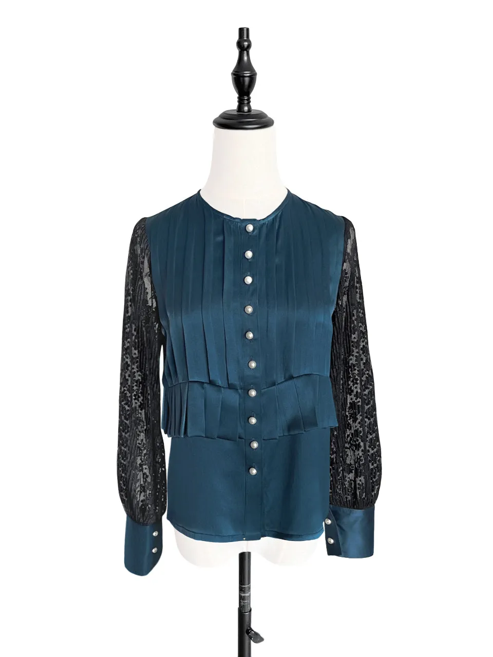 Last Chance! Dark Teal Pleated Detail Lace Sleeve Silk Blouse