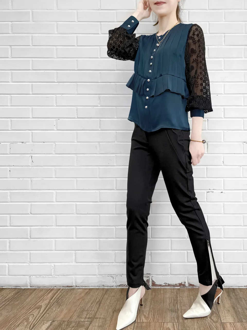 Last Chance! Dark Teal Pleated Detail Lace Sleeve Silk Blouse