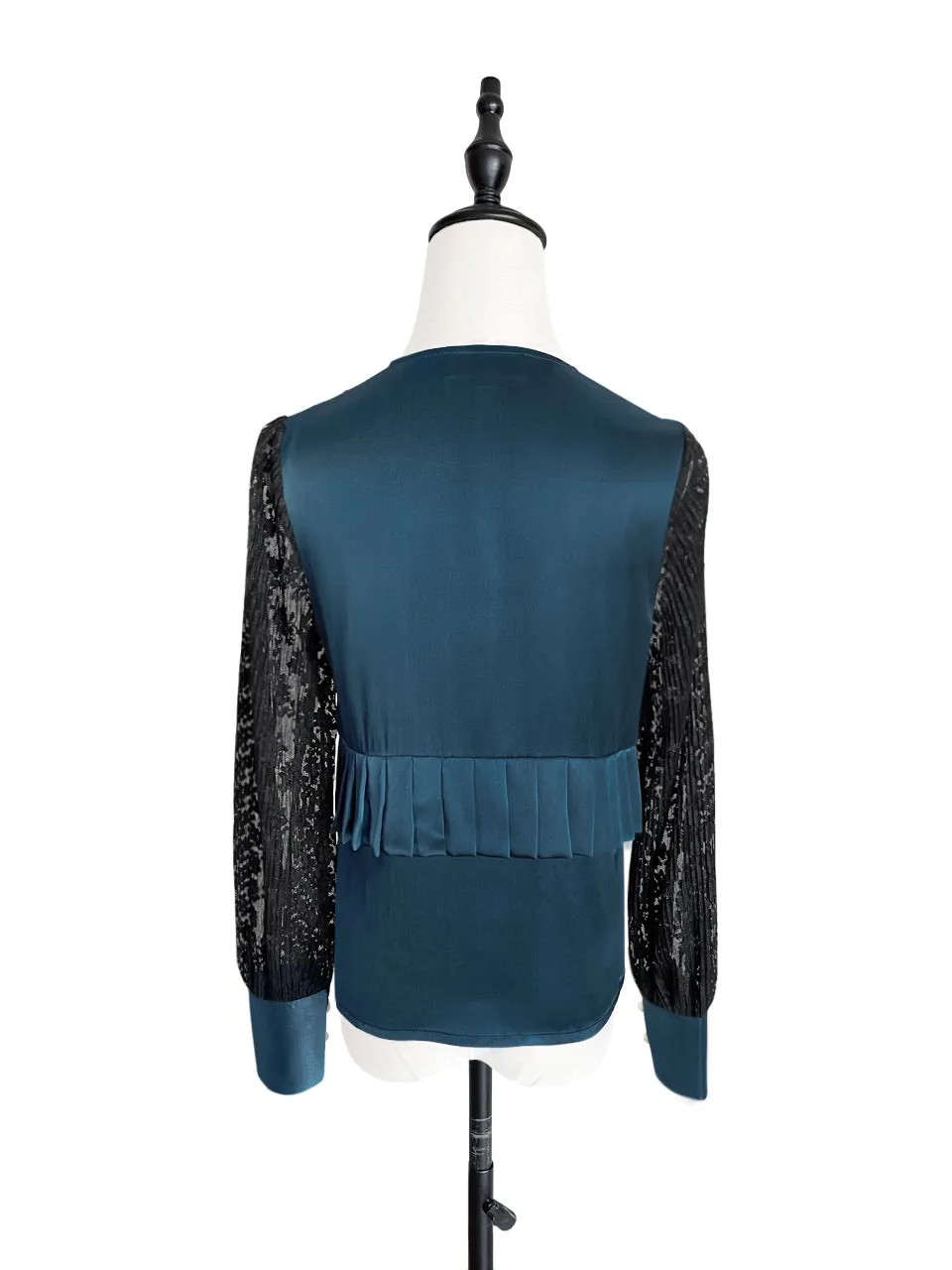 Last Chance! Dark Teal Pleated Detail Lace Sleeve Silk Blouse