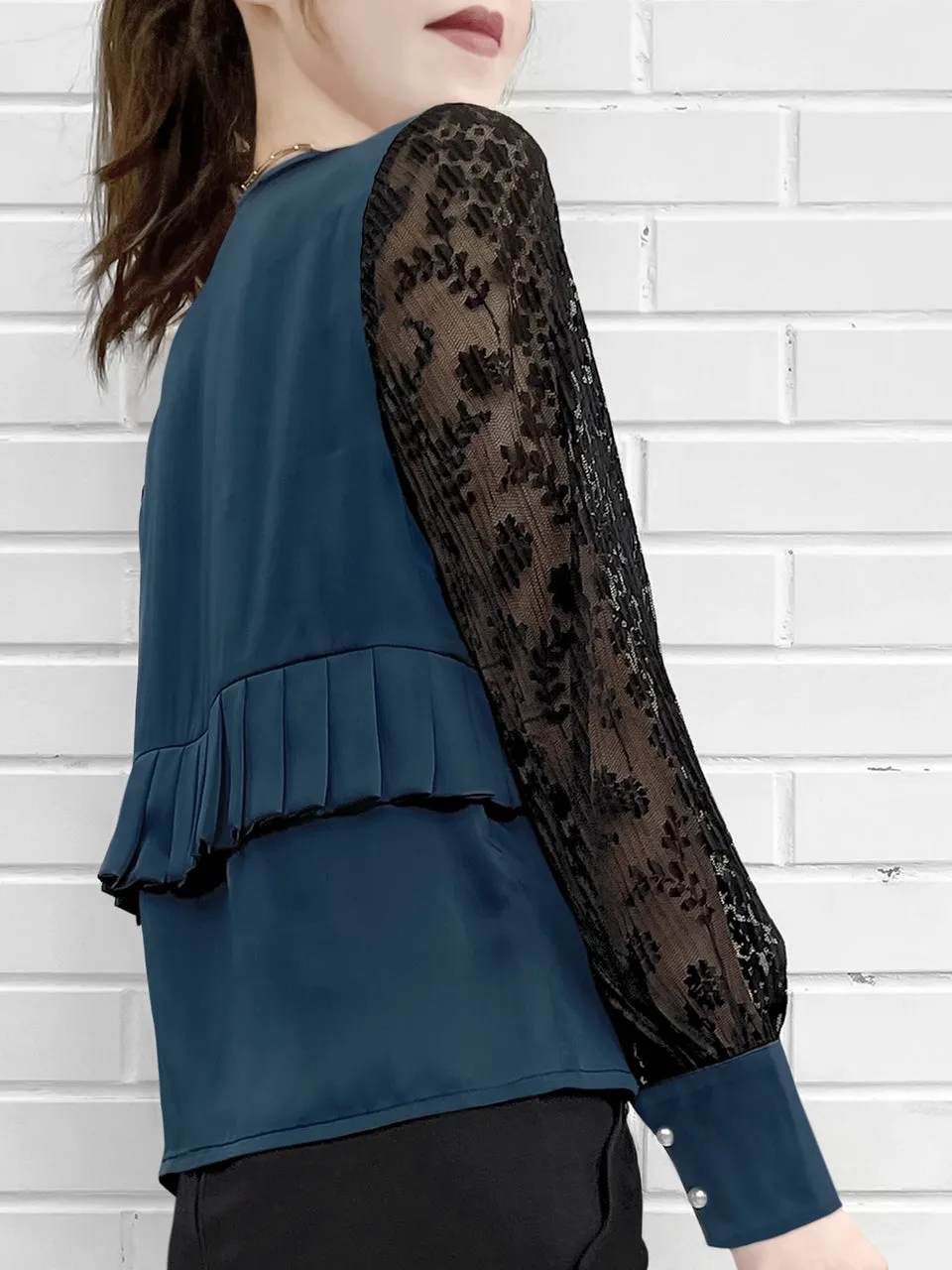 Last Chance! Dark Teal Pleated Detail Lace Sleeve Silk Blouse