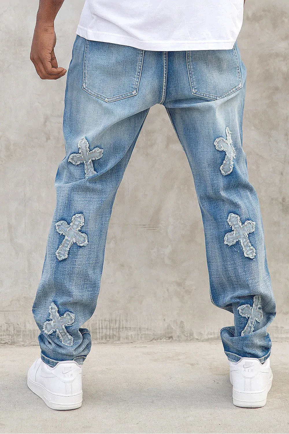 Men's Denim Cross Patched Washed Denim Jeans