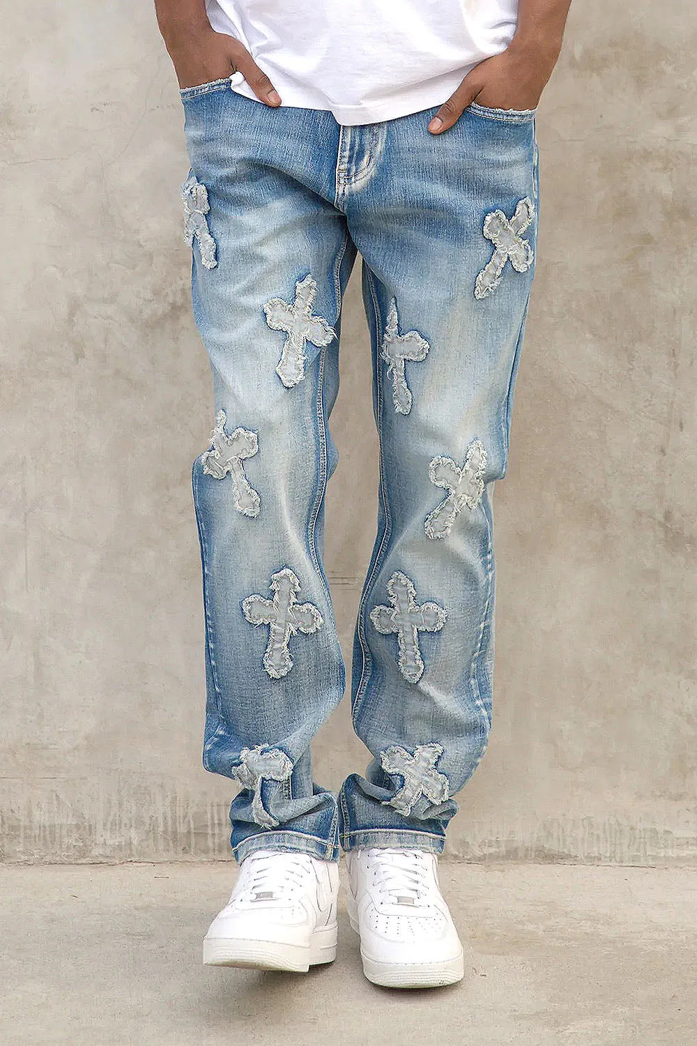 Men's Denim Cross Patched Washed Denim Jeans