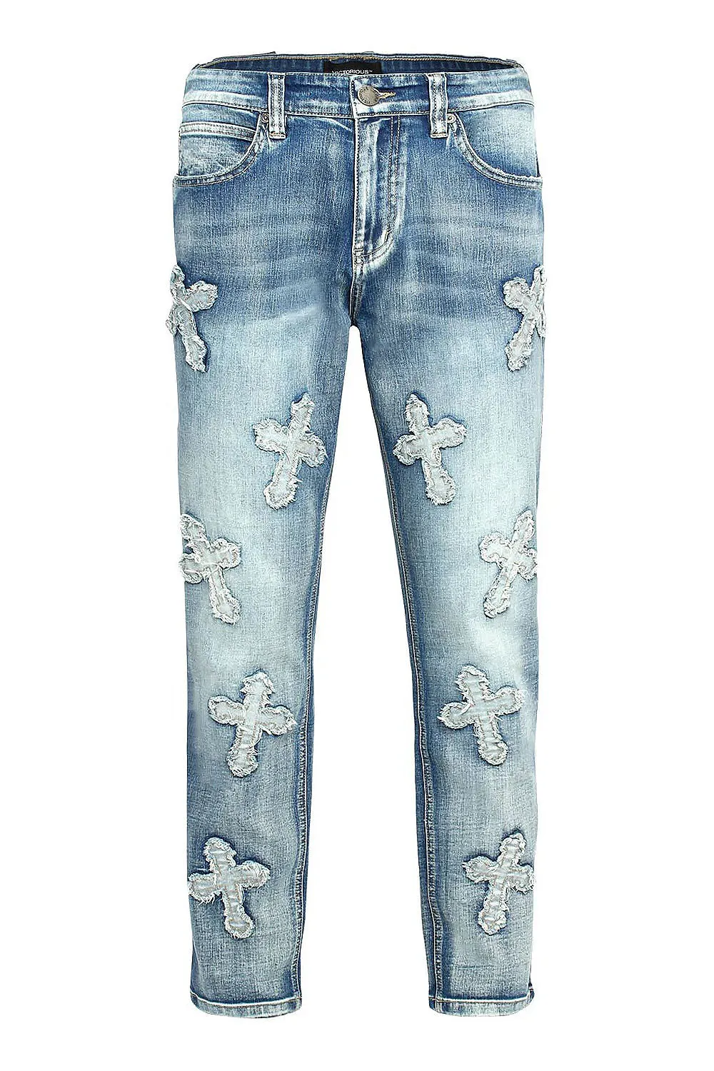 Men's Denim Cross Patched Washed Denim Jeans