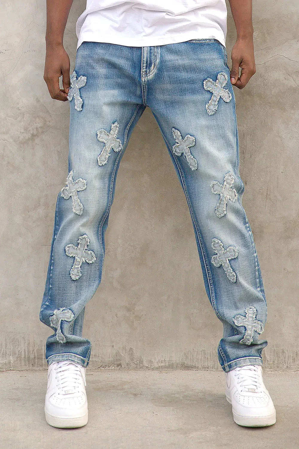 Men's Denim Cross Patched Washed Denim Jeans