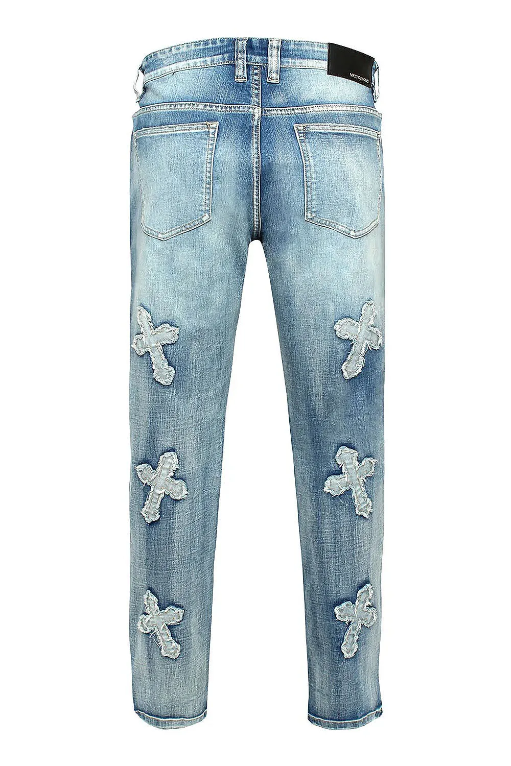 Men's Denim Cross Patched Washed Denim Jeans