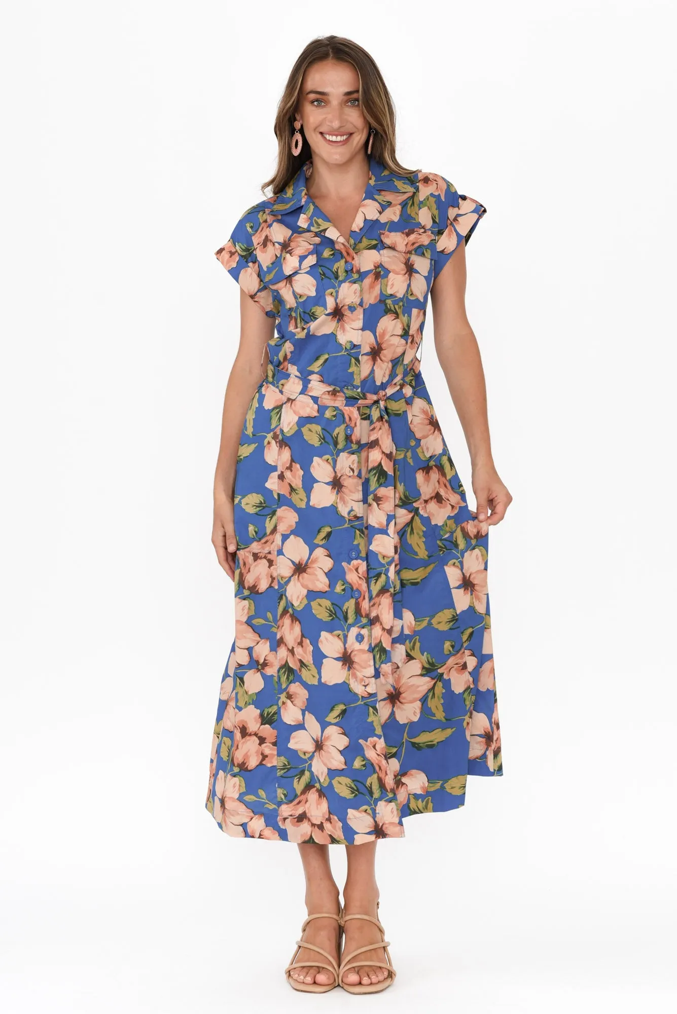 Porto Blue Floral Cotton Tie Dress