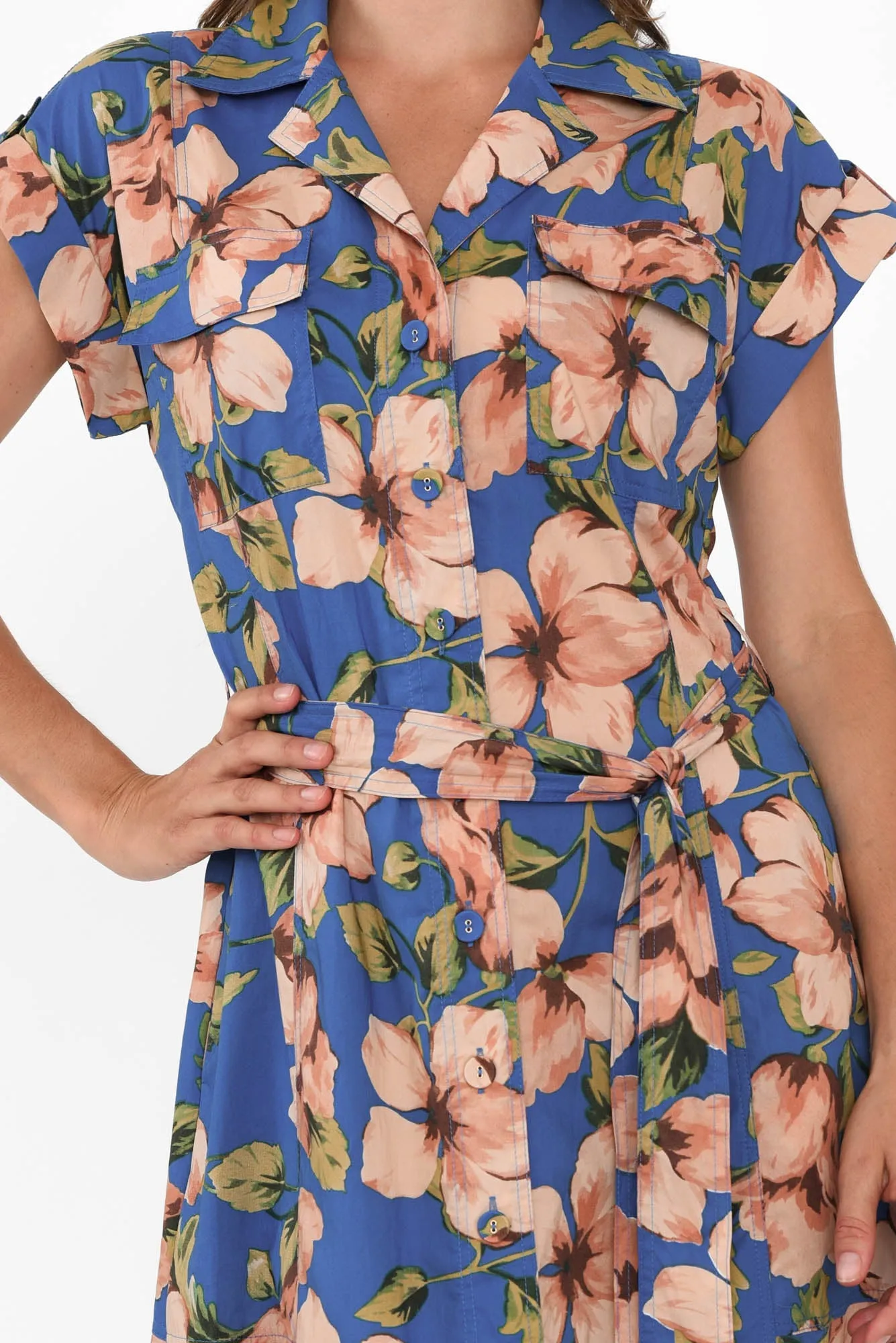 Porto Blue Floral Cotton Tie Dress