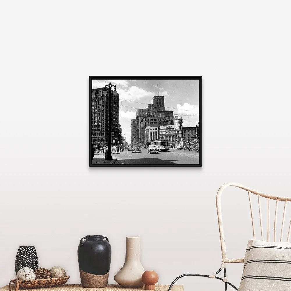 "1940's Cadillac Square Detroit Michigan USA" Black Float Frame Canvas Art