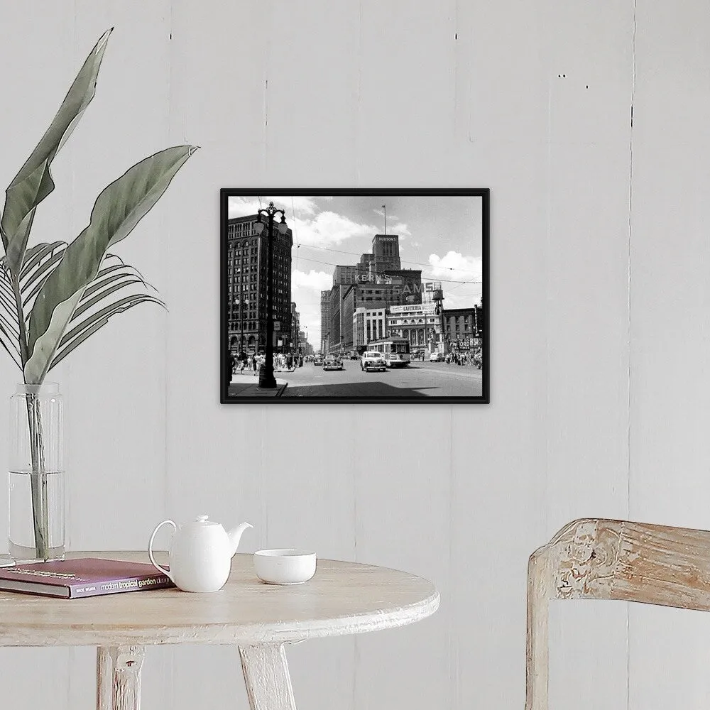 "1940's Cadillac Square Detroit Michigan USA" Black Float Frame Canvas Art