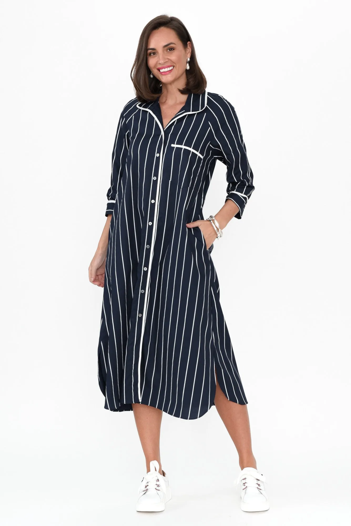 Robyn Navy Stripe Cotton Shirt Dress