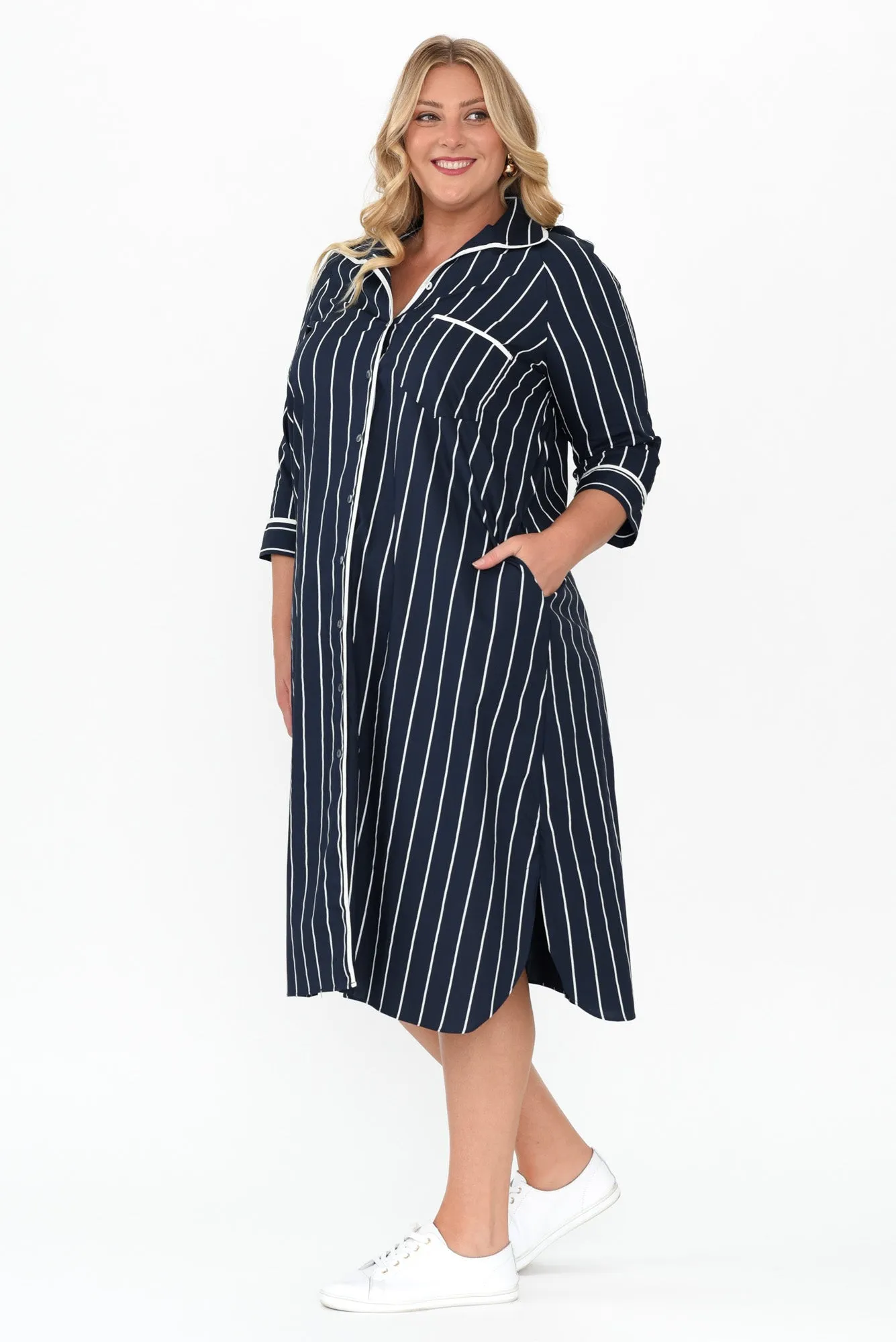 Robyn Navy Stripe Cotton Shirt Dress