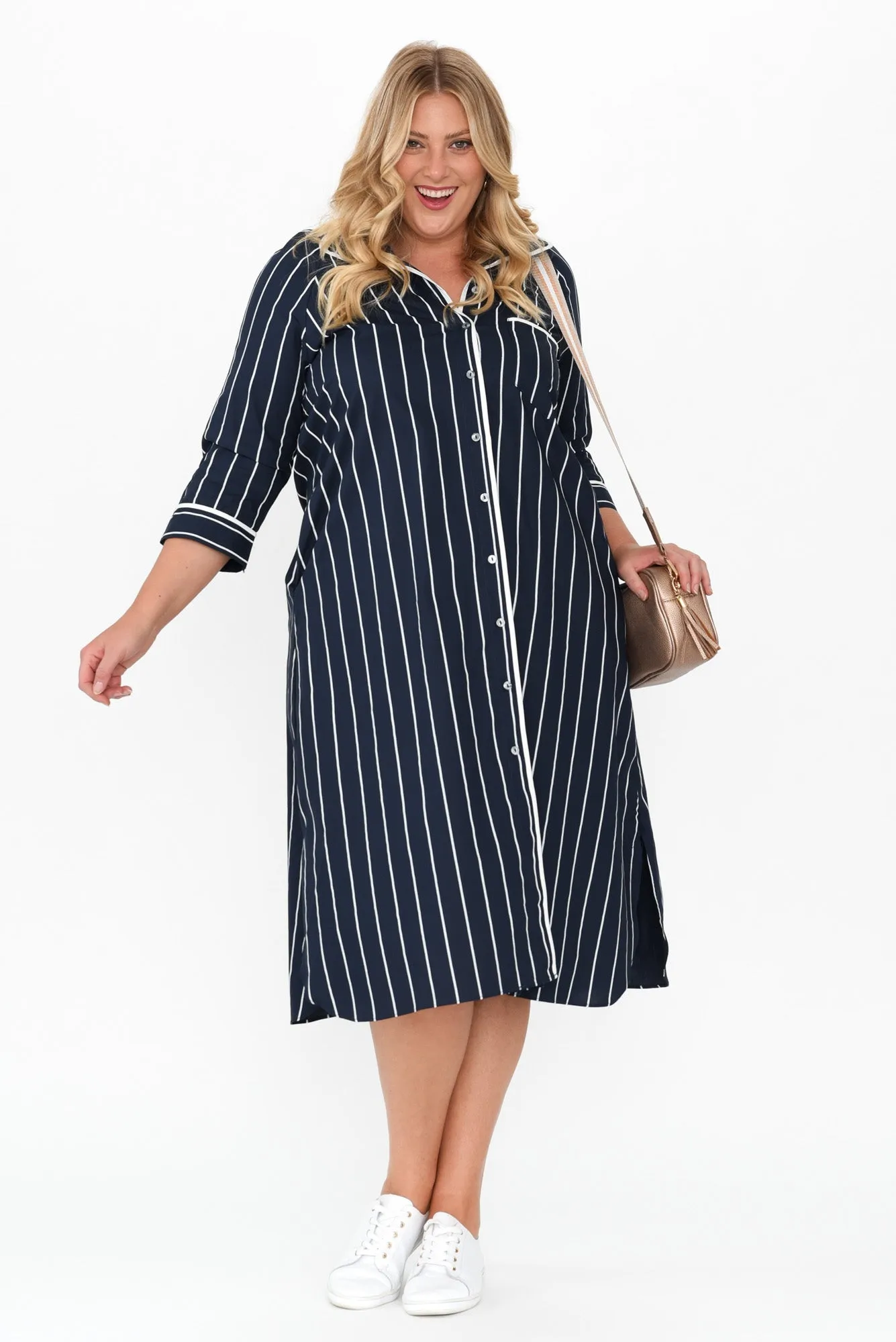 Robyn Navy Stripe Cotton Shirt Dress