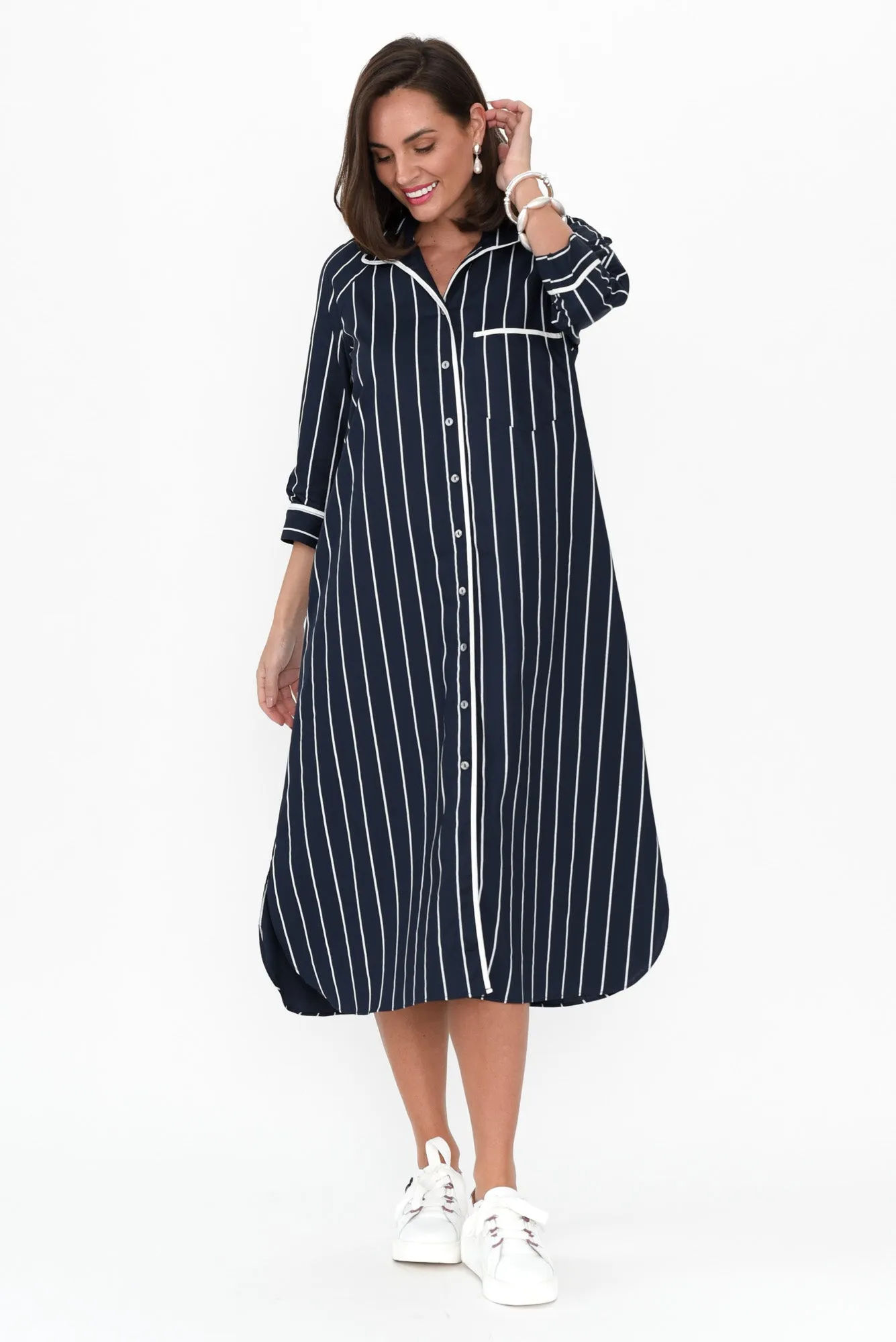 Robyn Navy Stripe Cotton Shirt Dress