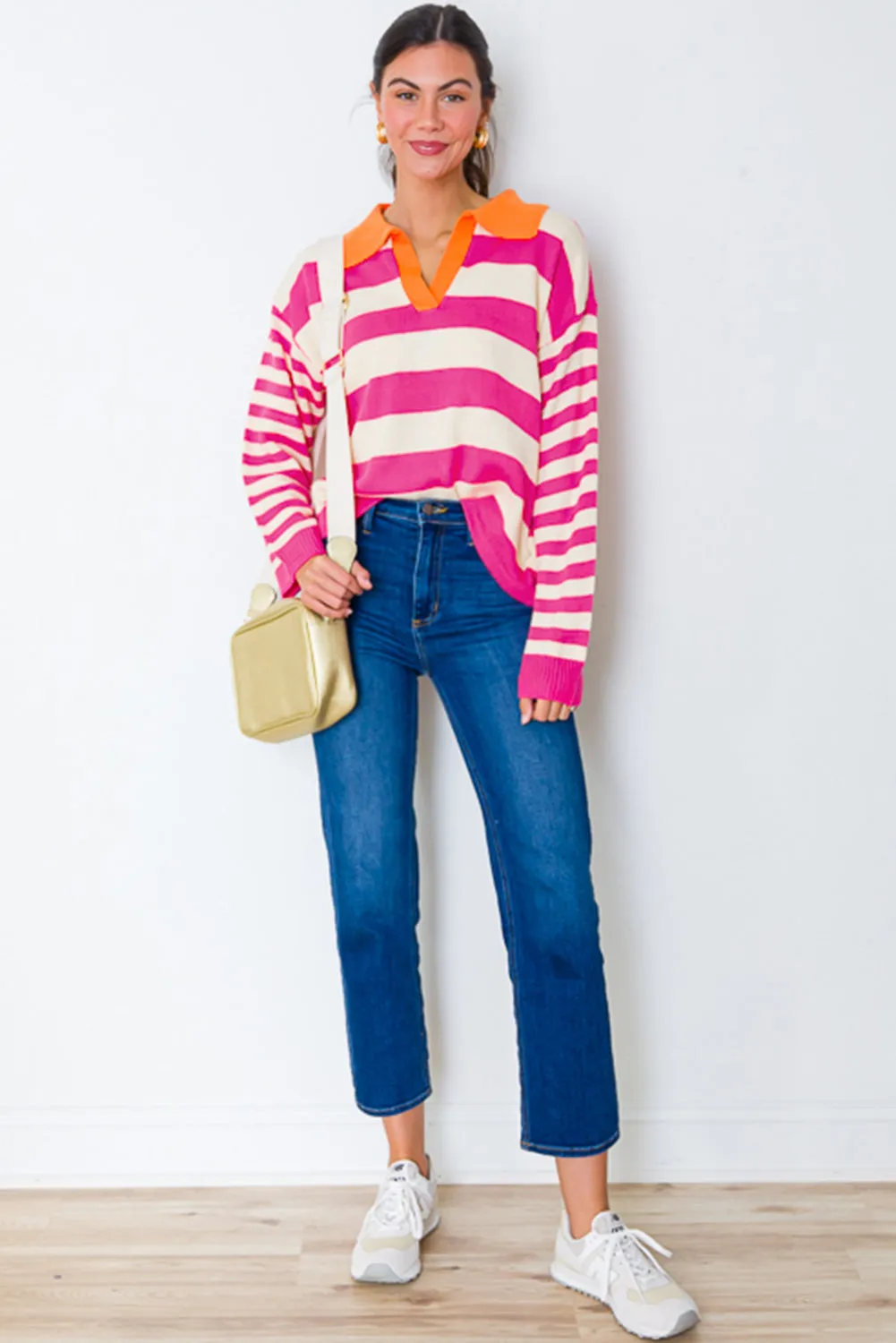 Rose Stripe Color Block Collared V Neck Drop Shoulder Sweater