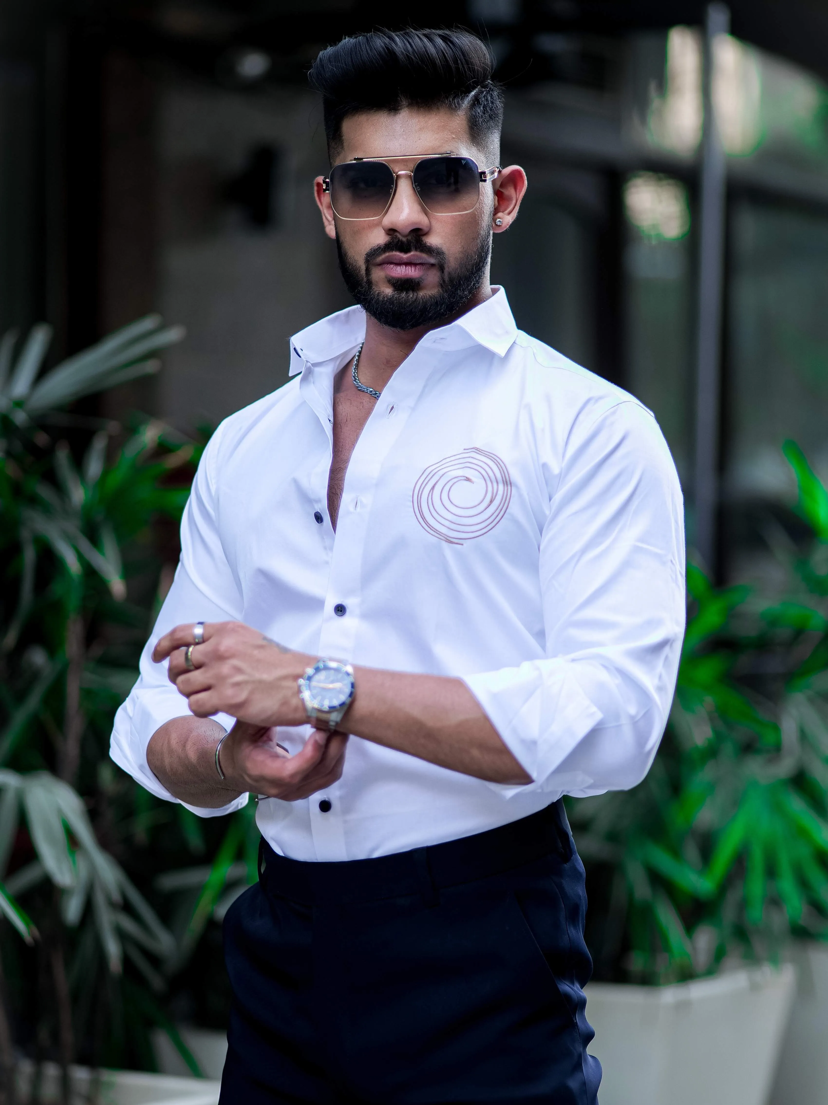 Round Embroidered White Premium Shirt For Men