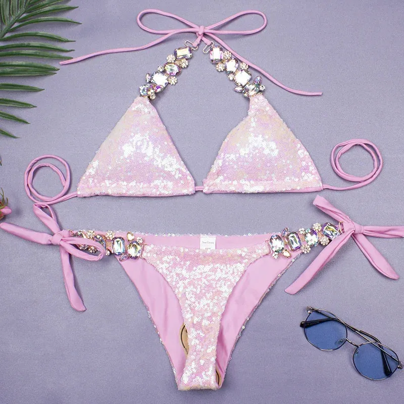 Shiny Sexy Bikini Sets With Rhinestones Women Swimwear Female Push Up Bikini Beach Swim Wear Bathing Suits Pool Bather 2024