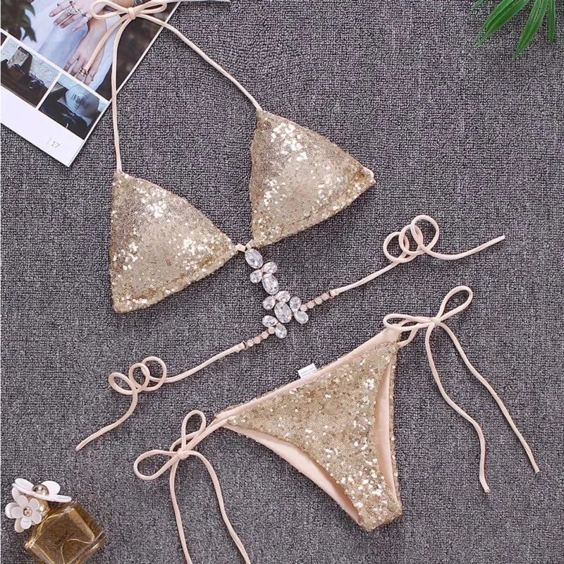 Shiny Sexy Bikini Sets With Rhinestones Women Swimwear Female Push Up Bikini Beach Swim Wear Bathing Suits Pool Bather 2024