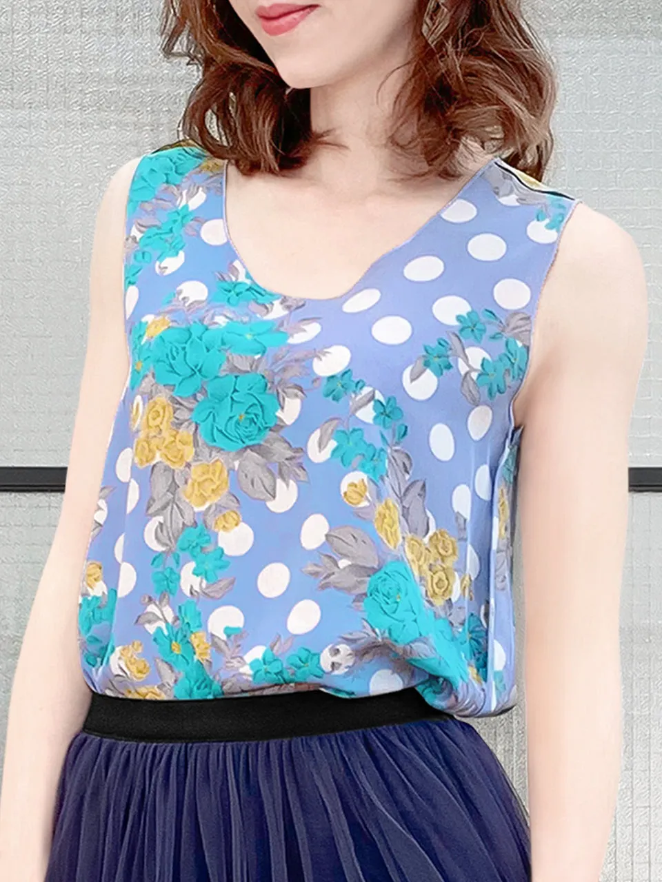 SPECIAL! Polka Dots Floral Print Trim Edge Silk Tank