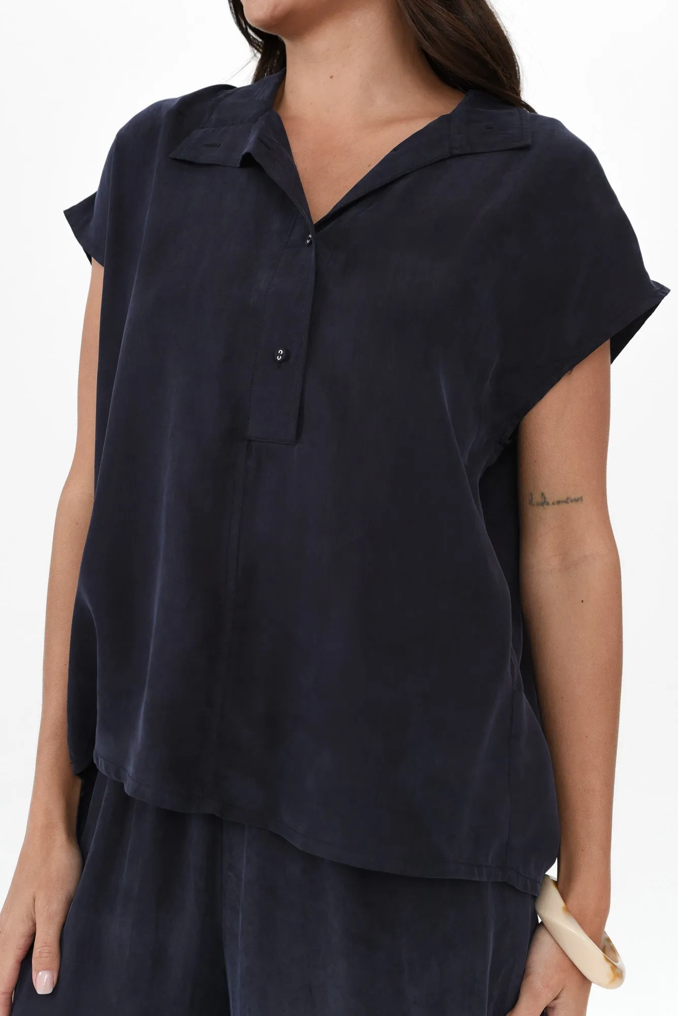 Vault Navy Cupro Collared Top