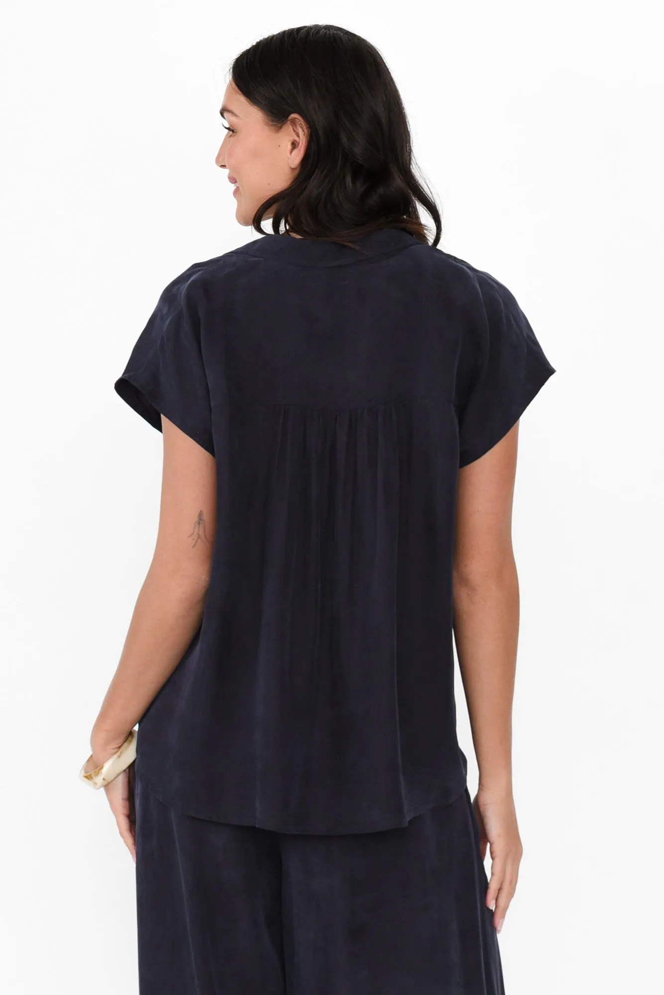 Vault Navy Cupro Collared Top