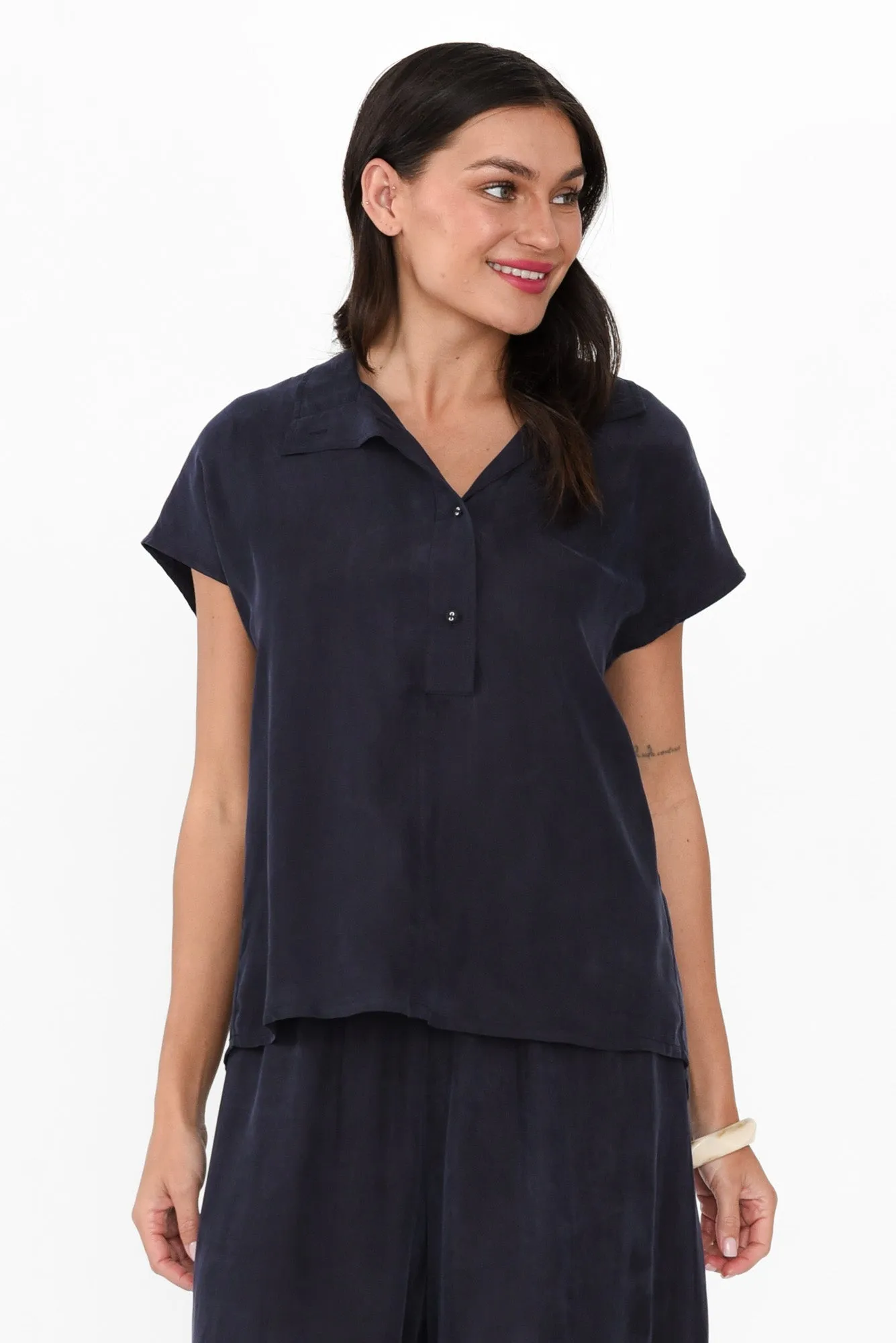 Vault Navy Cupro Collared Top