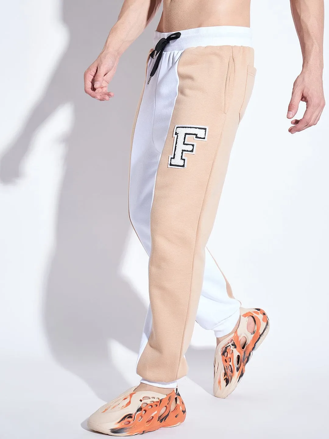 White & Beige Cut Sew Joggers